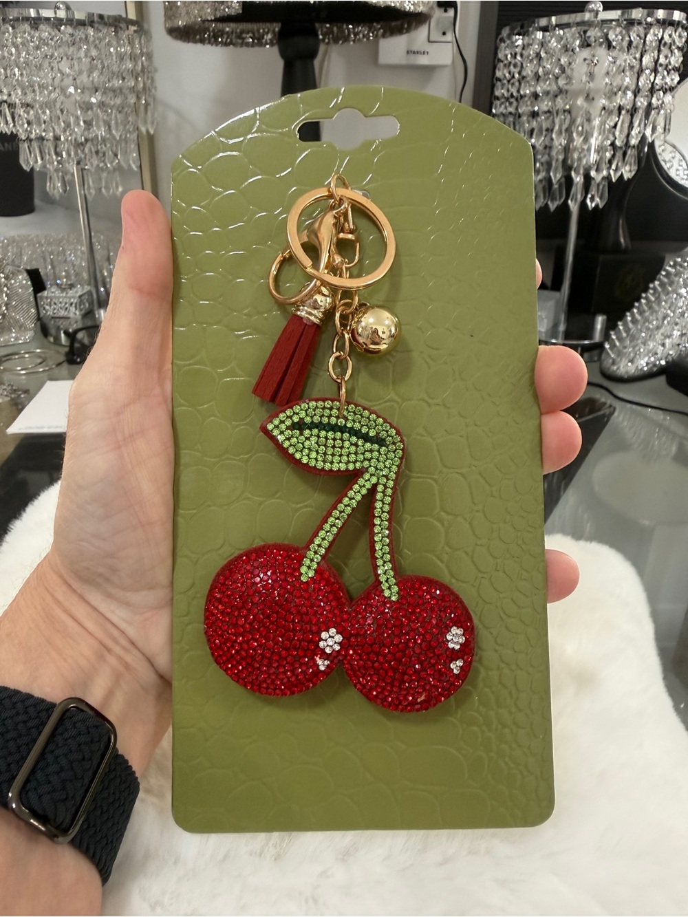 Rhinestone Cherry Keychain with Tassel - Red & Green bag charms Juliet